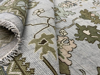 Hand Knotted Oushak Rug - Vintage Transitional Style (Blue Green Pink)