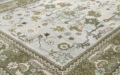 Hand Knotted Oushak Rug - Vintage Transitional Style (Blue Green Pink)