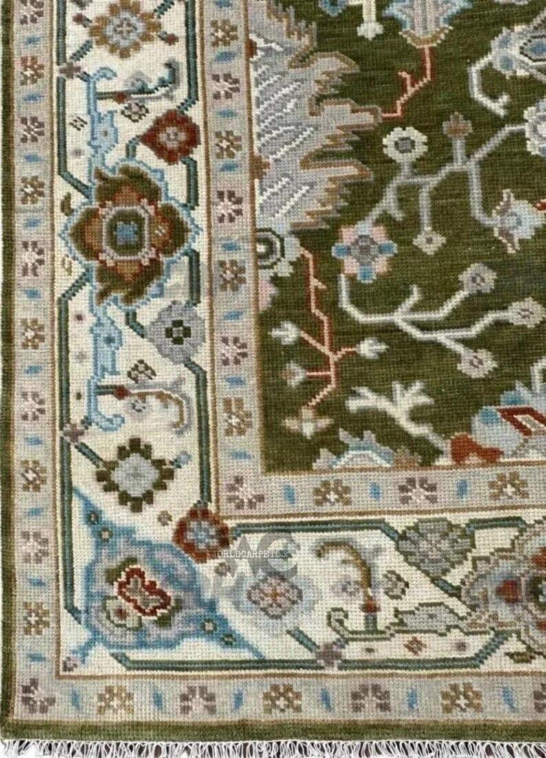 Hand Knotted Oushak Wool Rug - Moss Green Turkish Area Rug