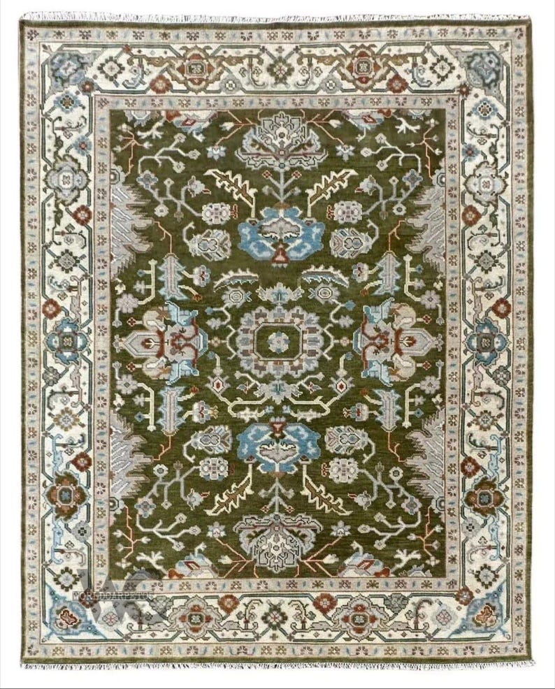 Hand Knotted Oushak Wool Rug - Moss Green Turkish Area Rug