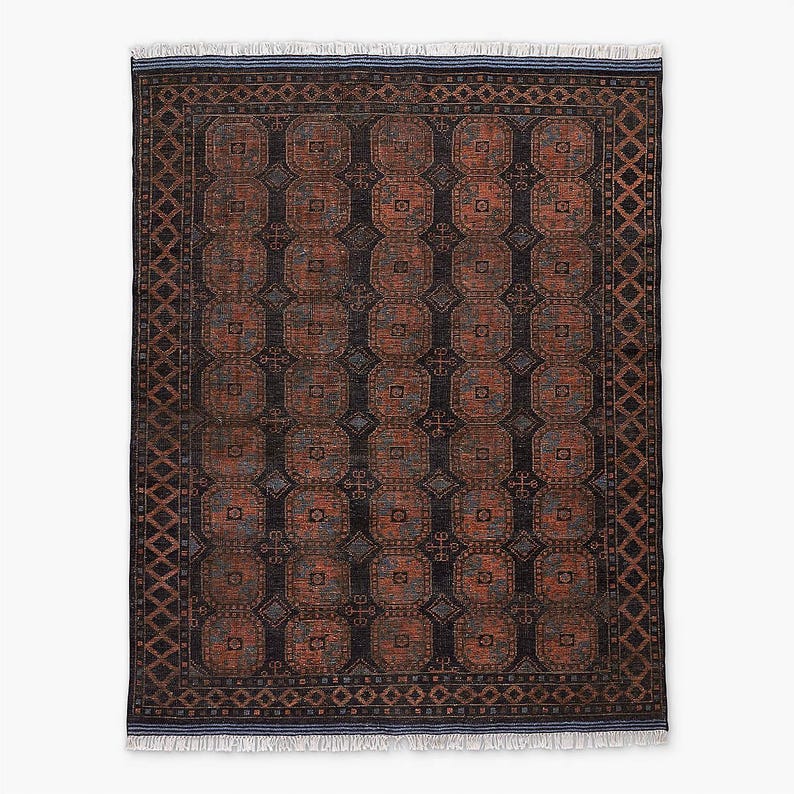 The LIORA Hand Knotted Oushak Rug - Black Rust Blue Geometric Oriental Design