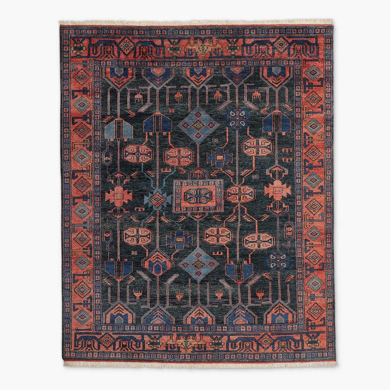 ARISTON Hand Knotted Wool Rug - Blue, Coral, Rust Tribal Geometric Design