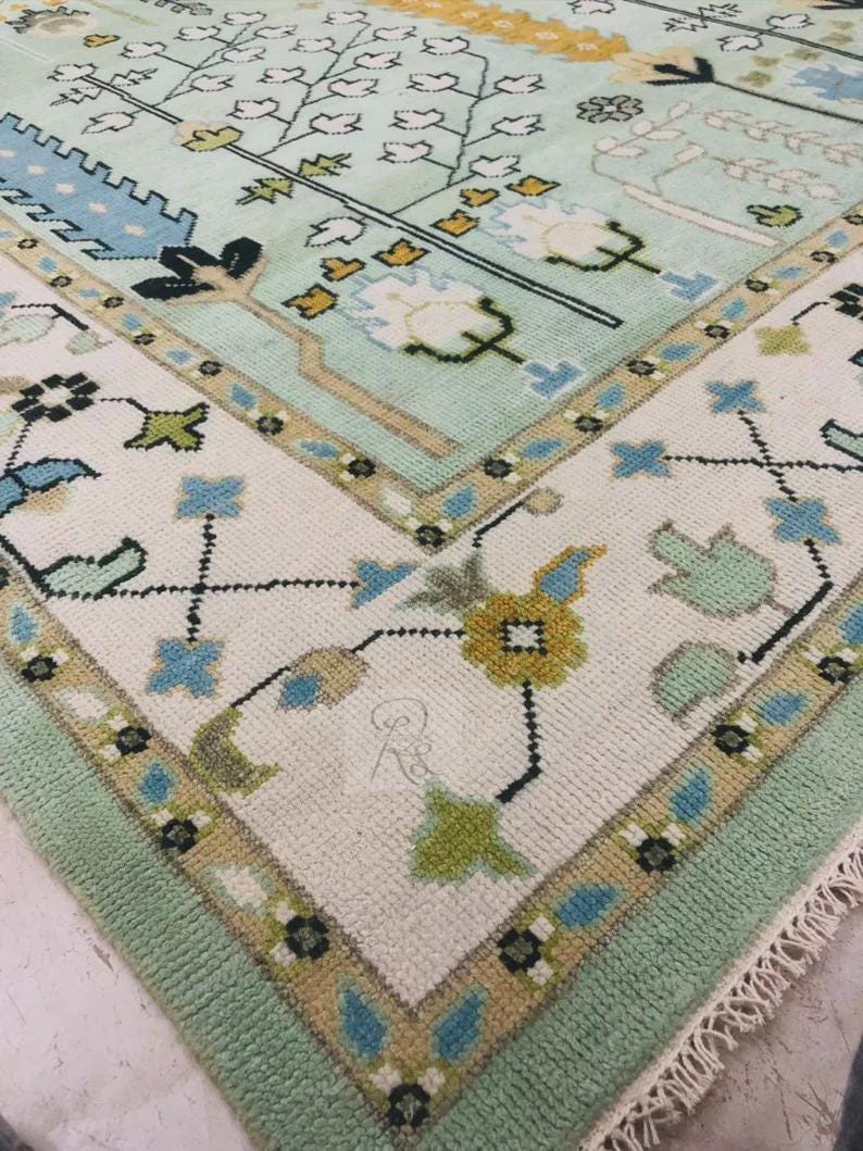 LUNARA Hand Knotted Wool Oushak Rug - Tree of Life, Green & Ivory