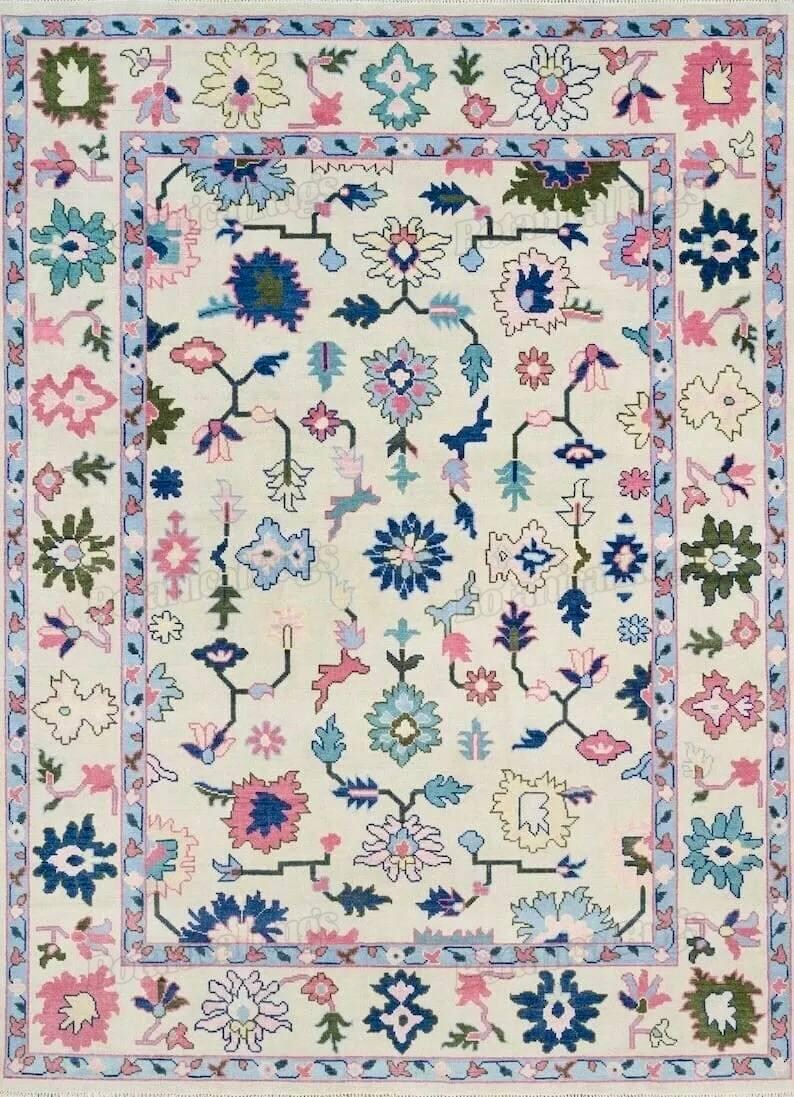 Floral Hand-Knotted Oushak Style Rug - Turkish Wool Area Rug - Traditional Oriental Rug