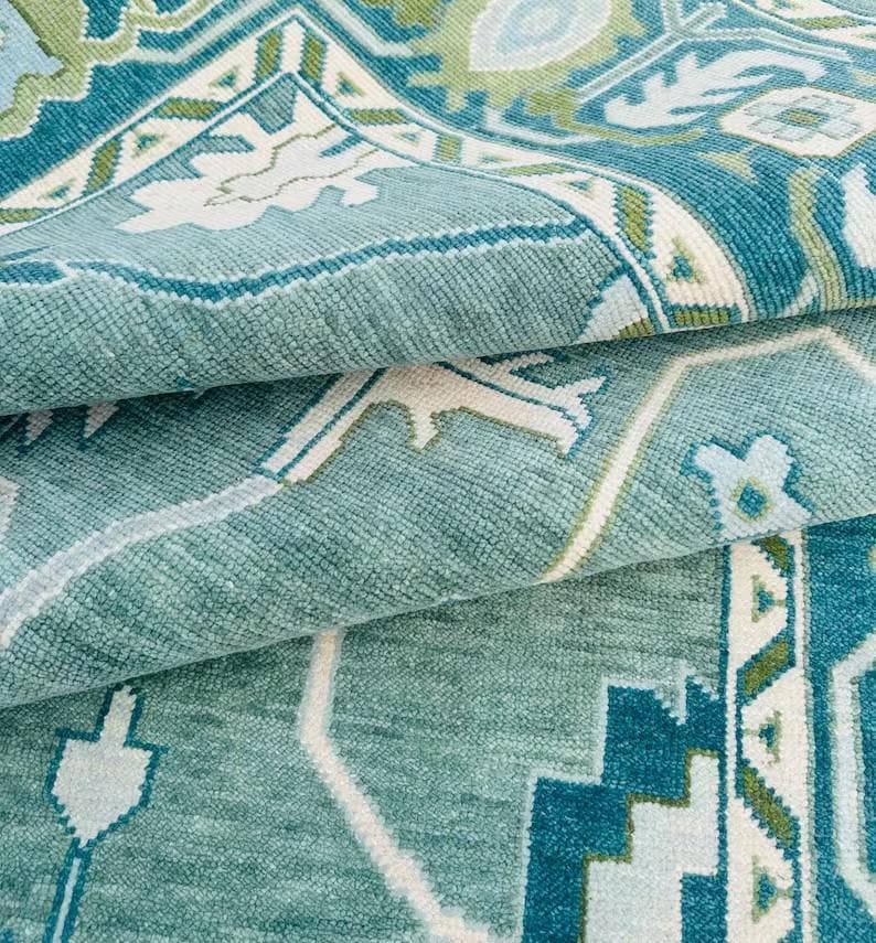 Turquoise Oushak Hand‑Knotted Wool Rug – Vintage Turkish Decor