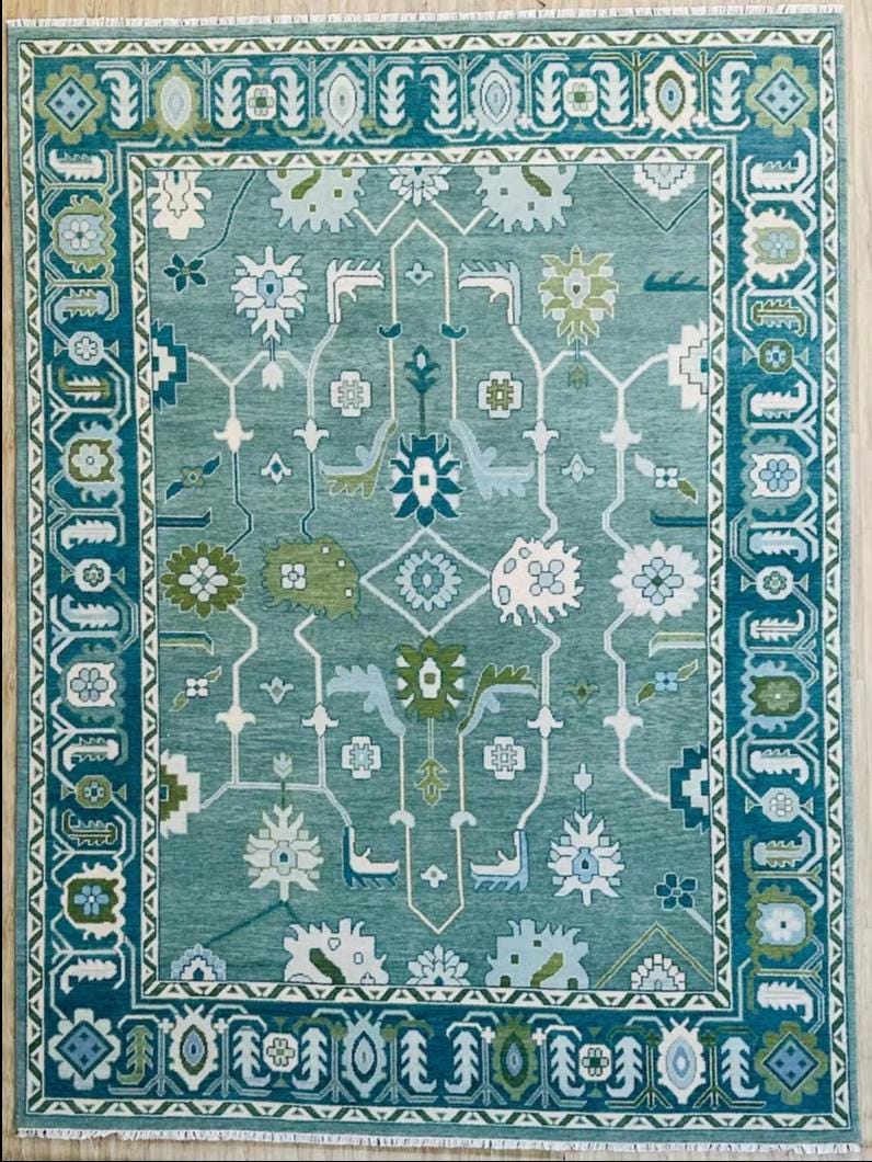 Turquoise Oushak Hand‑Knotted Wool Rug – Vintage Turkish Decor