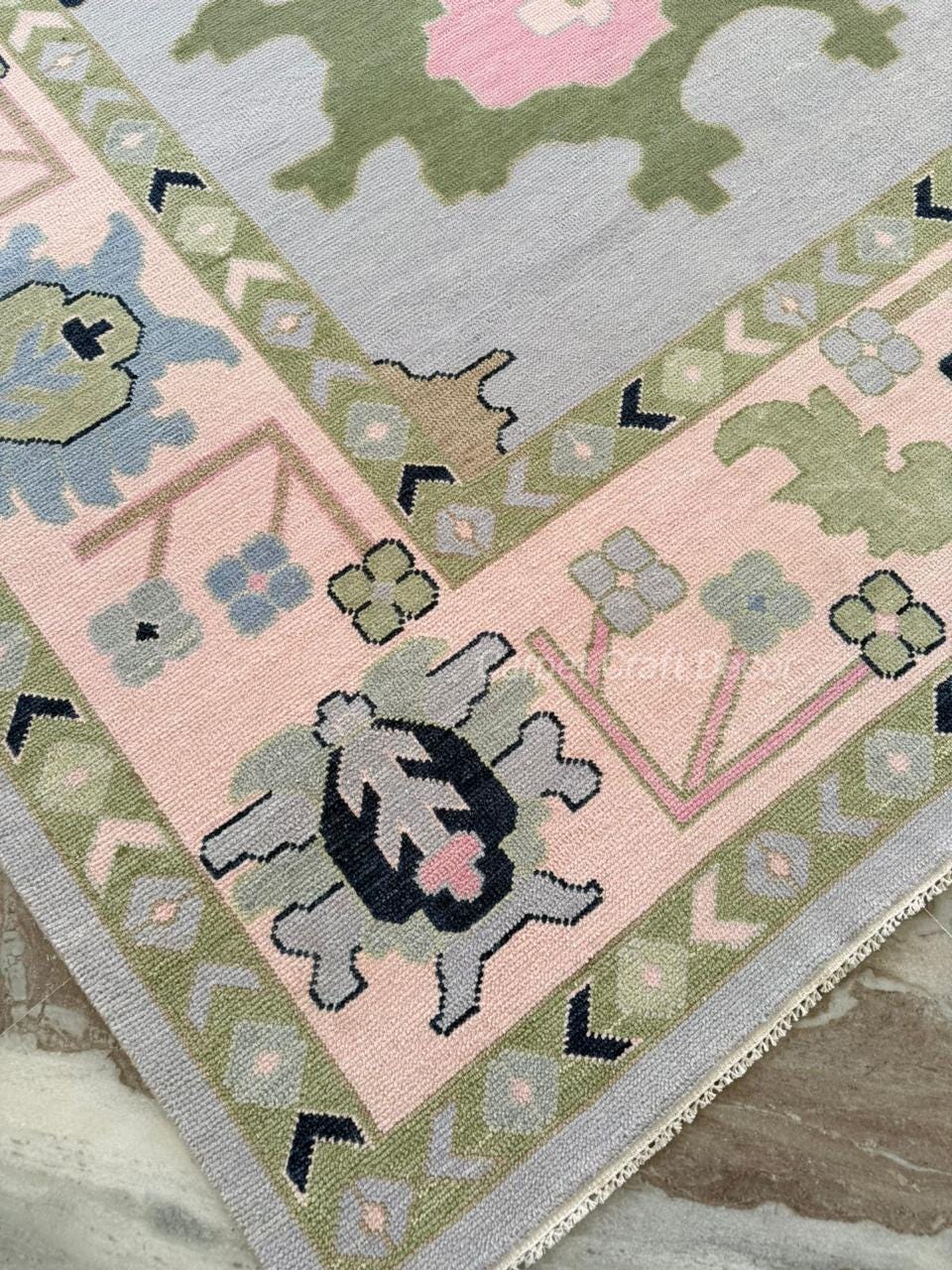 Hand-Knotted Oushak Wool Rug in Pastel Blue, Cream & Green