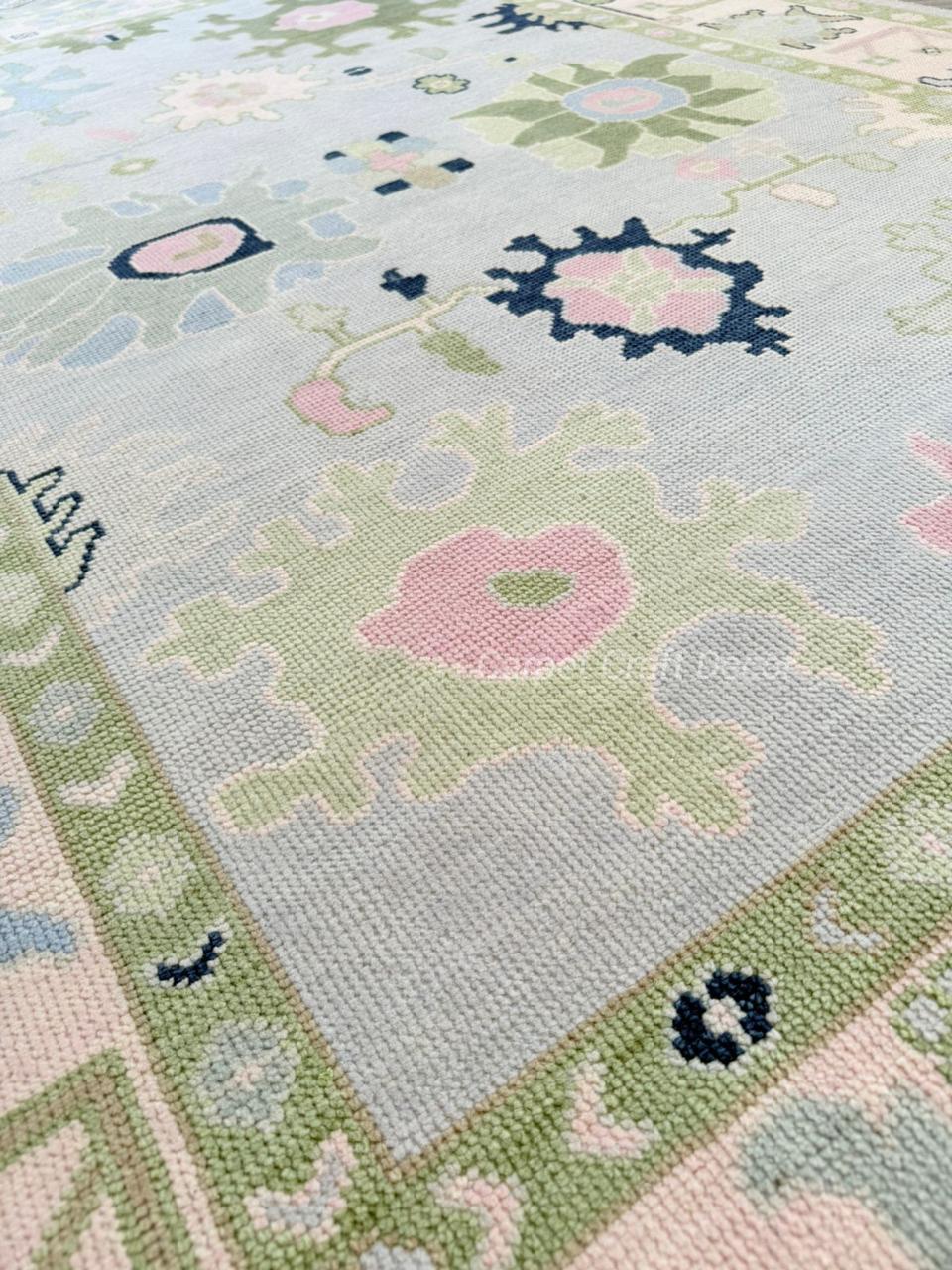 Hand-Knotted Oushak Wool Rug in Pastel Blue, Cream & Green