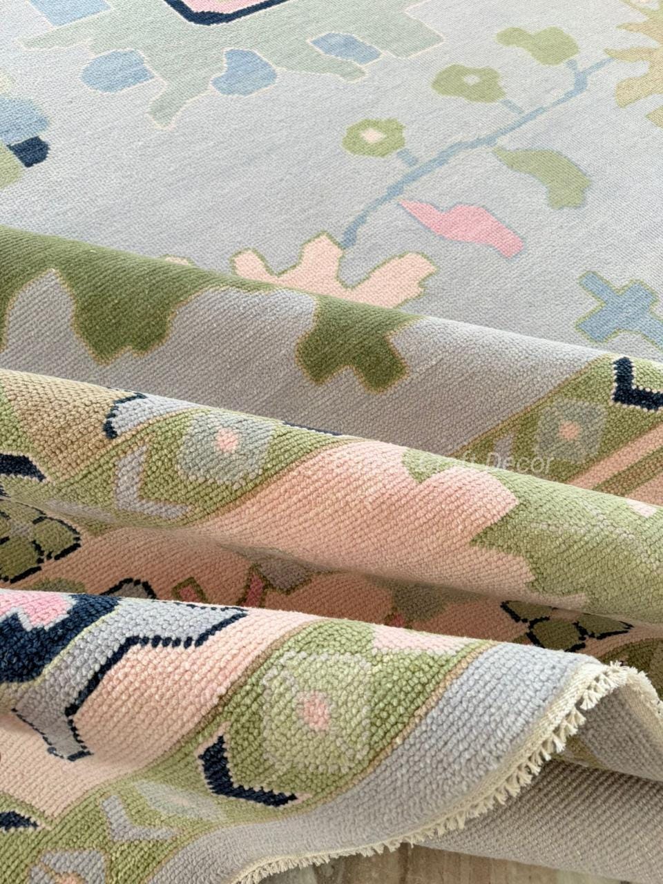 Hand-Knotted Oushak Wool Rug in Pastel Blue, Cream & Green