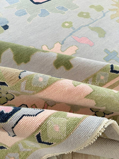 Hand-Knotted Oushak Wool Rug in Pastel Blue, Cream & Green