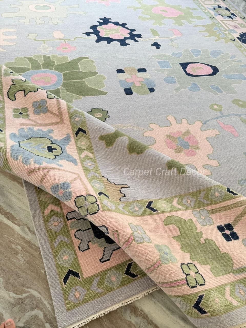 Hand-Knotted Oushak Wool Rug in Pastel Blue, Cream & Green