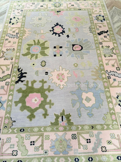 Hand-Knotted Oushak Wool Rug in Pastel Blue, Cream & Green