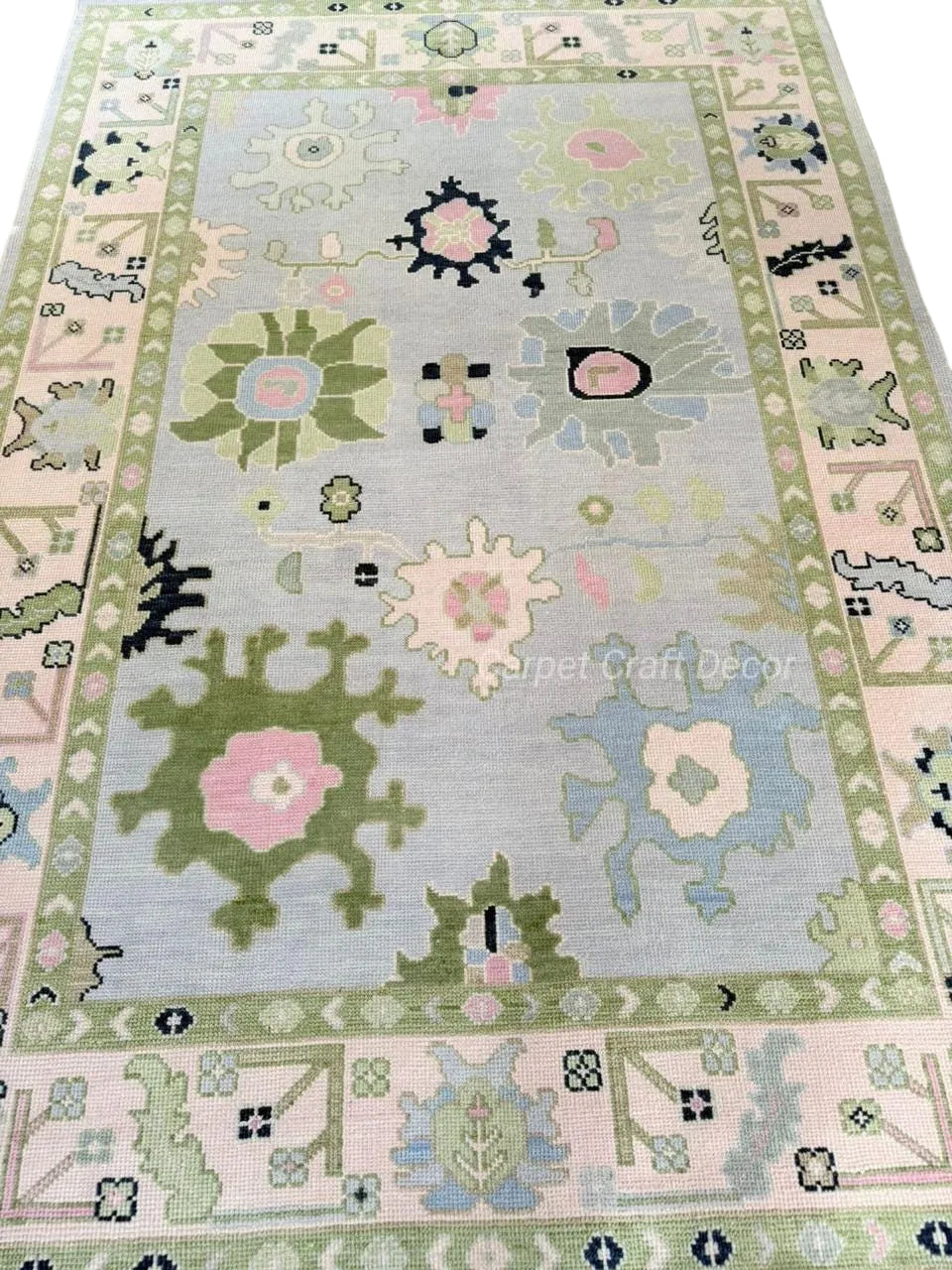 Hand-Knotted Oushak Wool Rug in Pastel Blue, Cream & Green