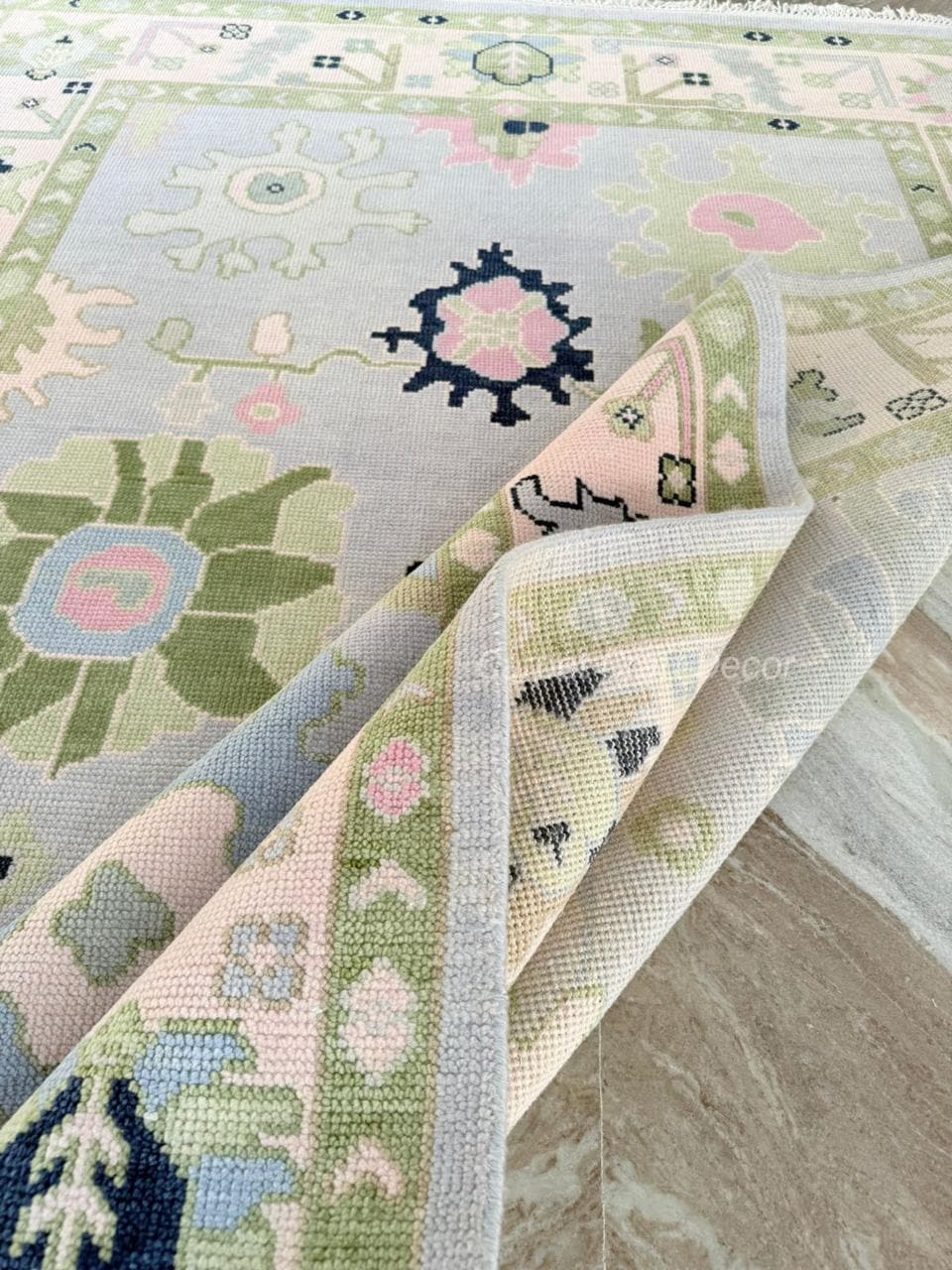 Hand-Knotted Oushak Wool Rug in Pastel Blue, Cream & Green