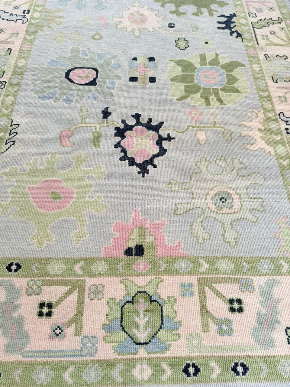 Hand-Knotted Oushak Wool Rug in Pastel Blue, Cream & Green