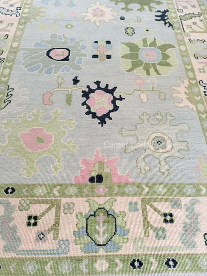 Hand-Knotted Oushak Wool Rug in Pastel Blue, Cream & Green
