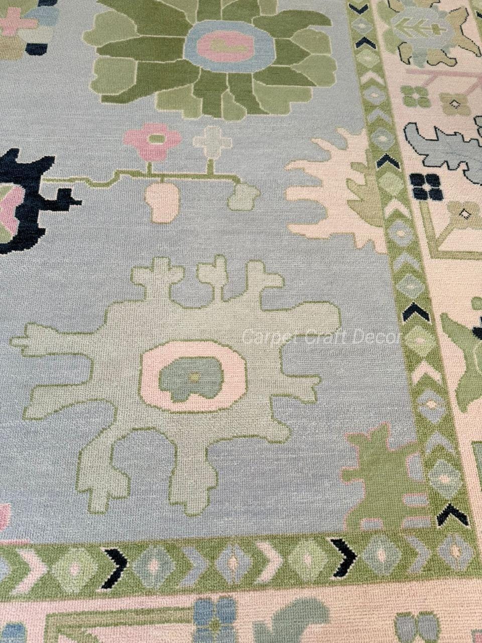 Hand-Knotted Oushak Wool Rug in Pastel Blue, Cream & Green