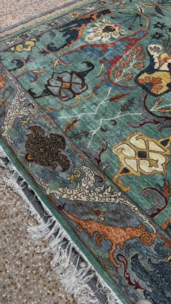 The Midnight Peacock Palmette Rug - Transitional Hand-Knotted Afghani Rug