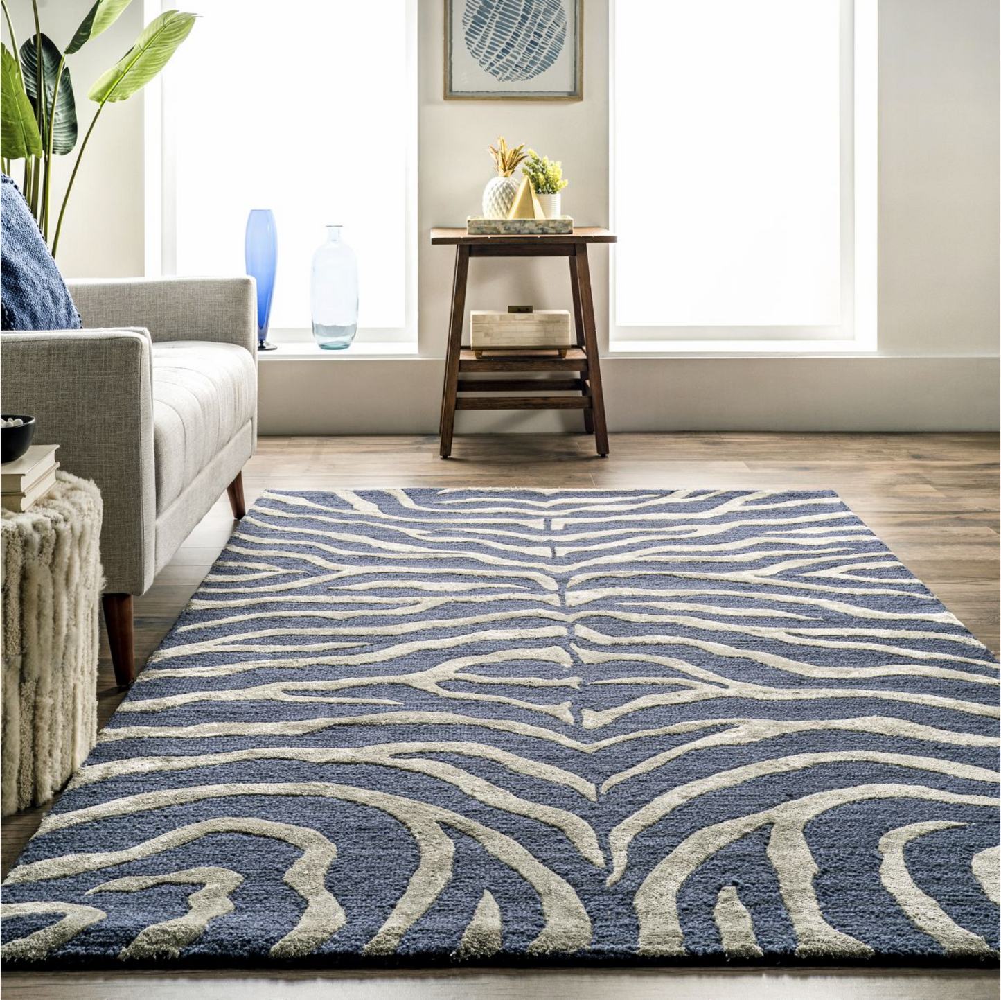 Blue Kylie Wool-Blend Zebra Area Rug